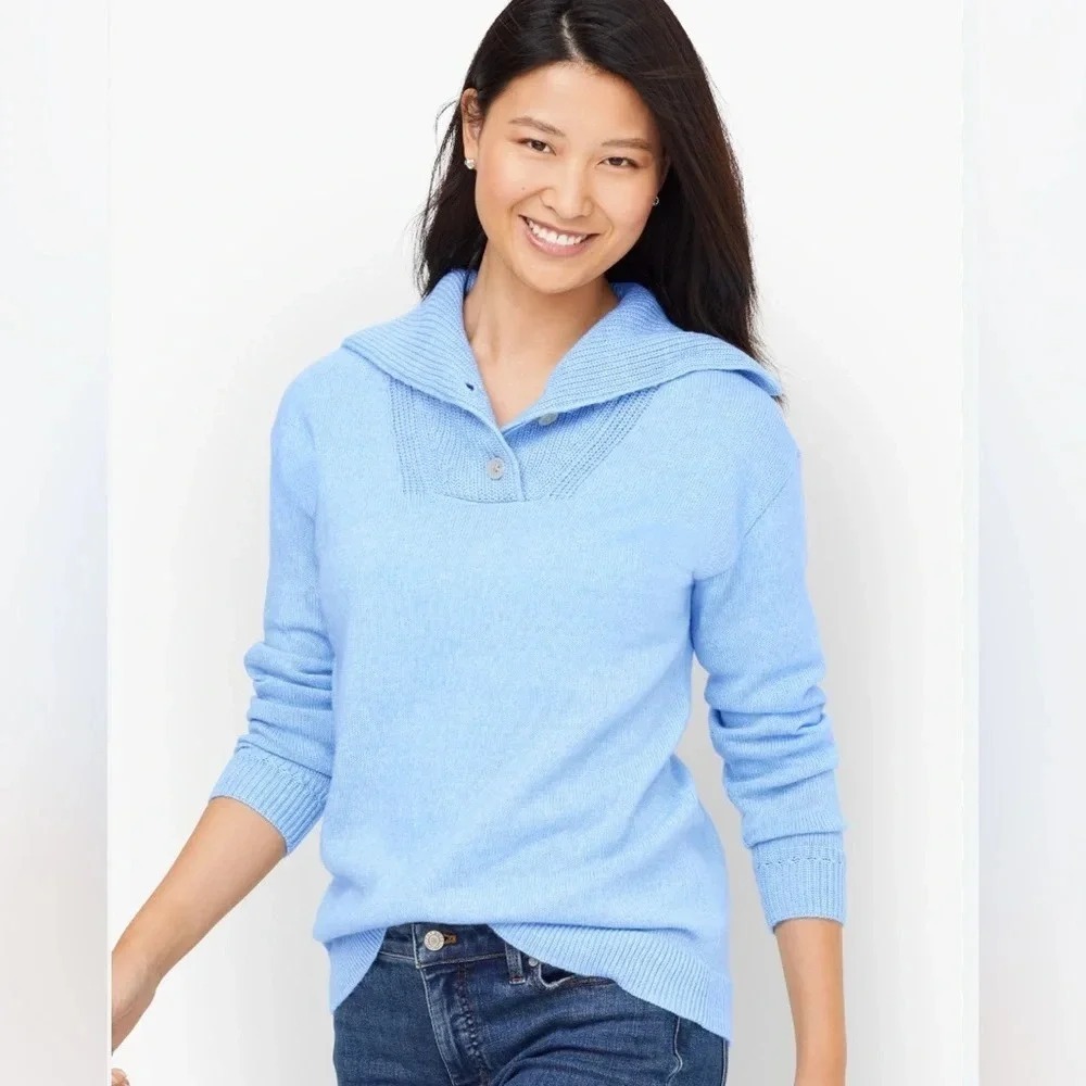 Talbots Breton Button Wide Collar Chunky Pullover Breezy Blue Cotton Women's XS